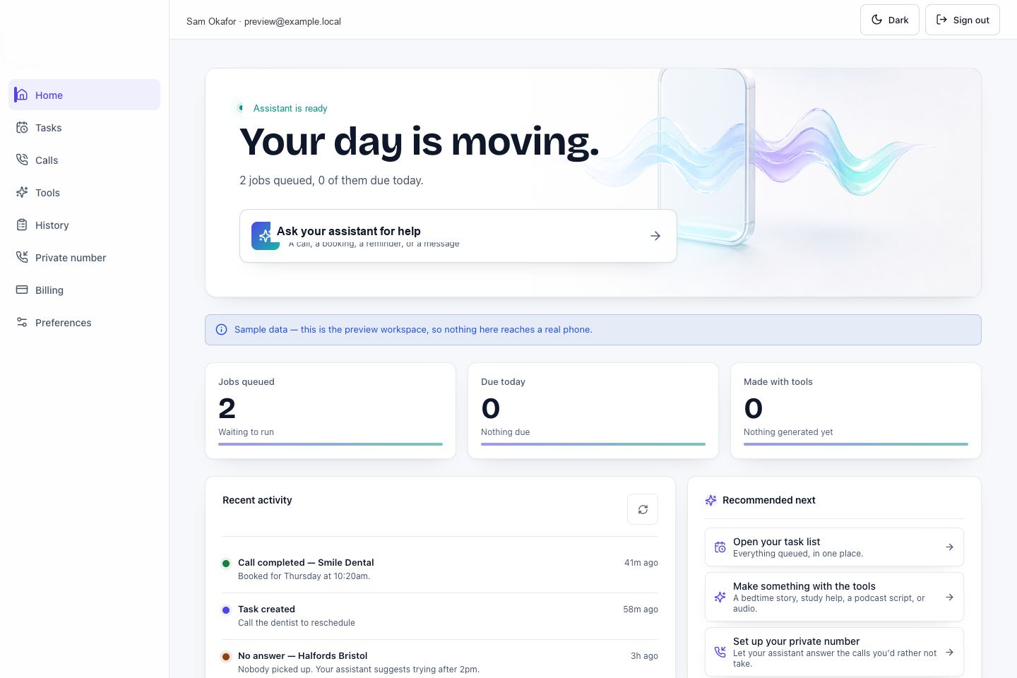 Personal Assistant fictional preview workspace home