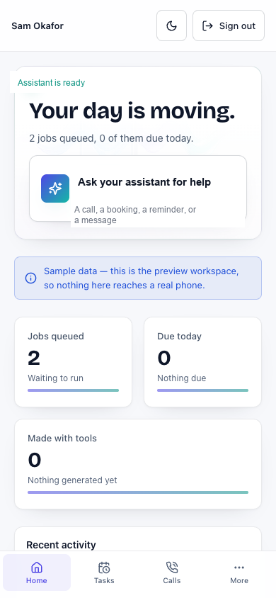 Personal Assistant responsive web application on a mobile viewport