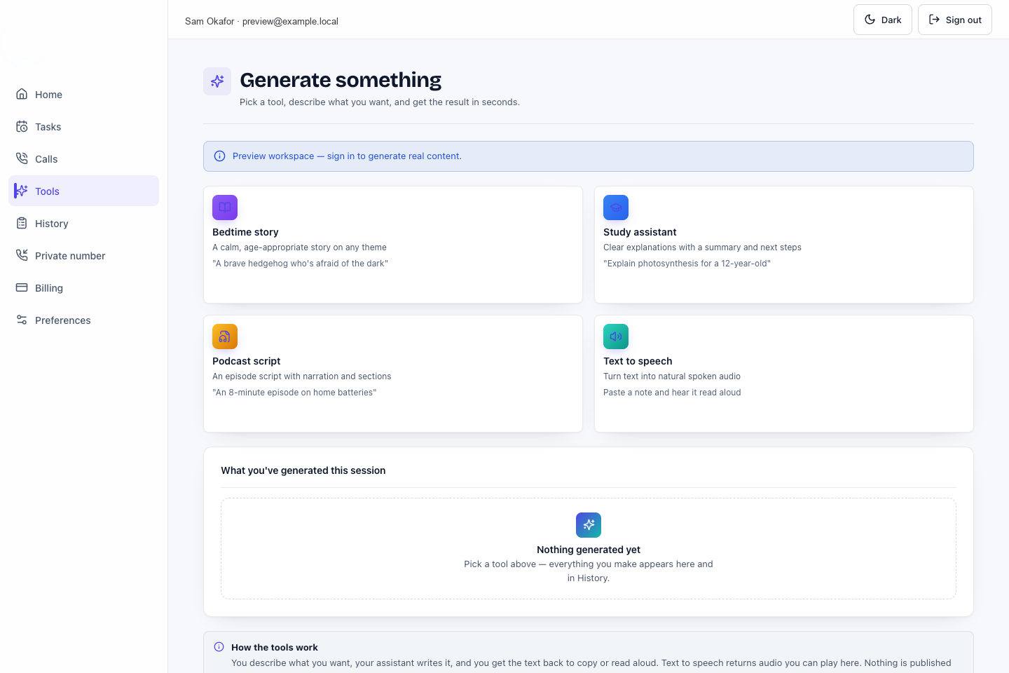 Personal Assistant AI tools screen in preview mode